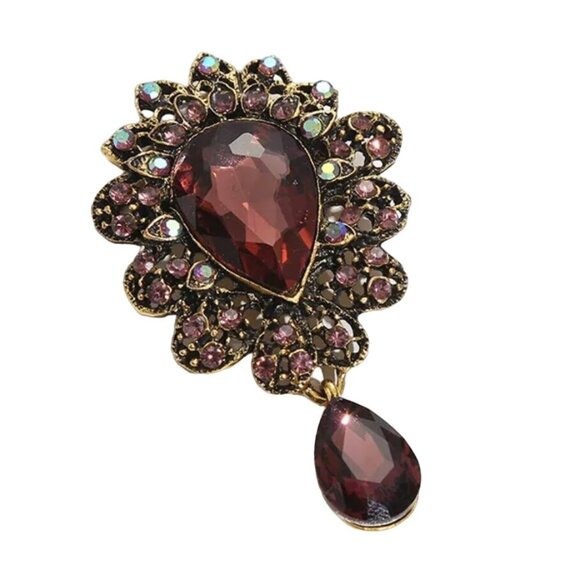 Brooch Burgundy Glass Teardrop Dangle with A/B Iridescent Crystals Gold Tone - Picture 1 of 2